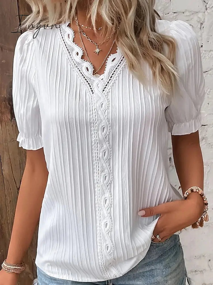 Ingvn - Women’s Shirt Blouse Yellow-Green Violets White Plain Lace Short Sleeve Casual Basic V