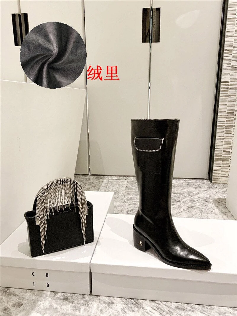 2021 Brand Design Winter Square Heel Knee High Boots Women Pointed Toe Chelsea Boots Leather Pocket Zipper Boots Botas Mujer