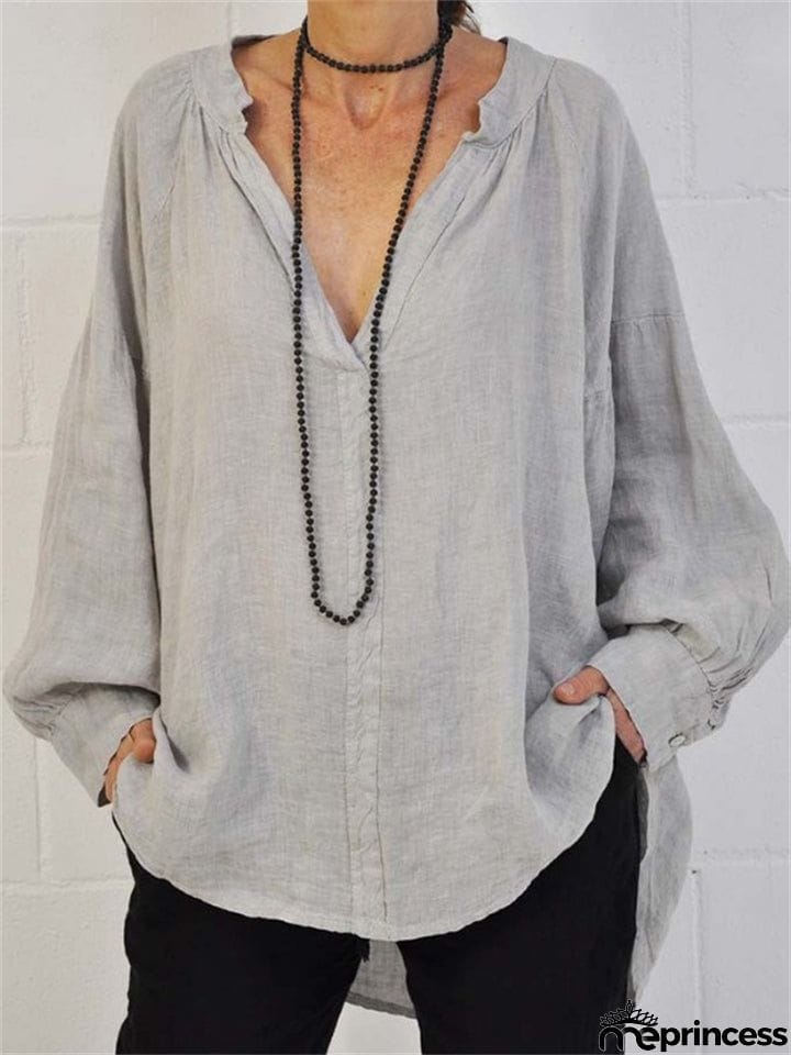 Women's Loose Pullover Style Solid Color V-Neck Blouse