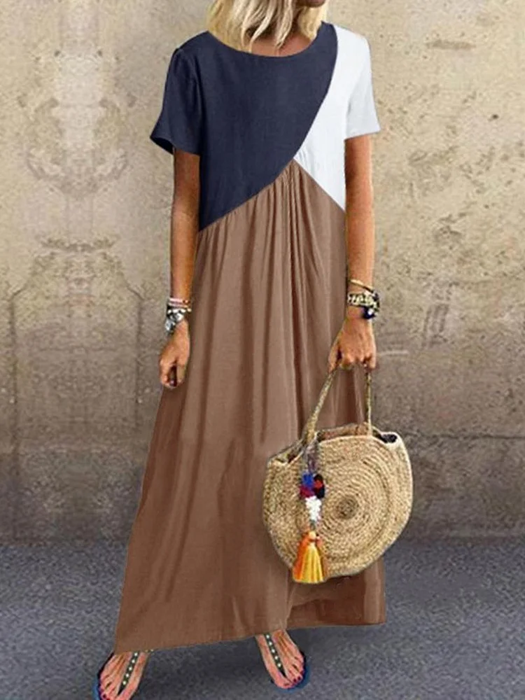 Patchwork Short Sleeve Round Neck Color Block Pullover Dress