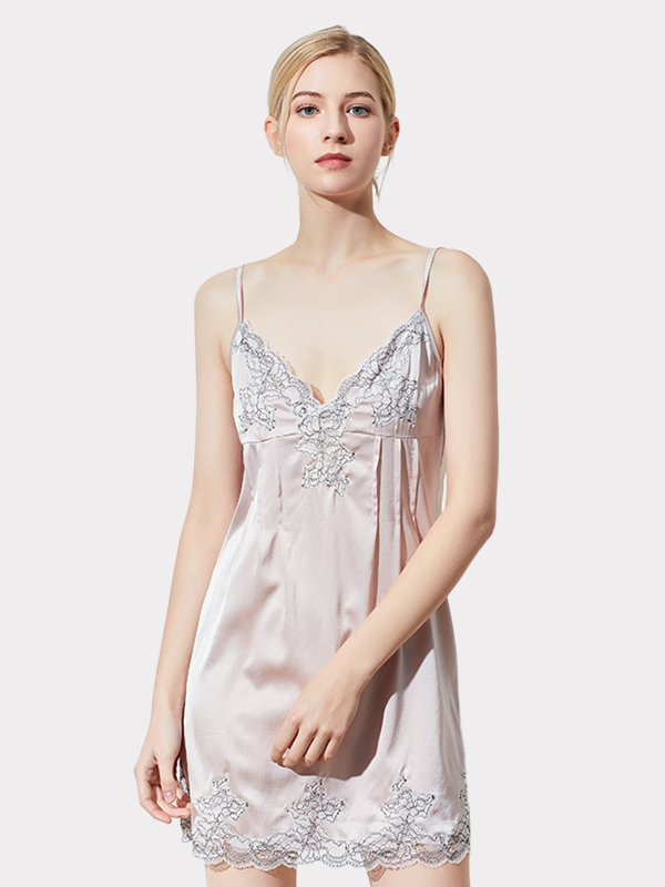 Lacey Pattern Trim Silk Slip Nightgown
