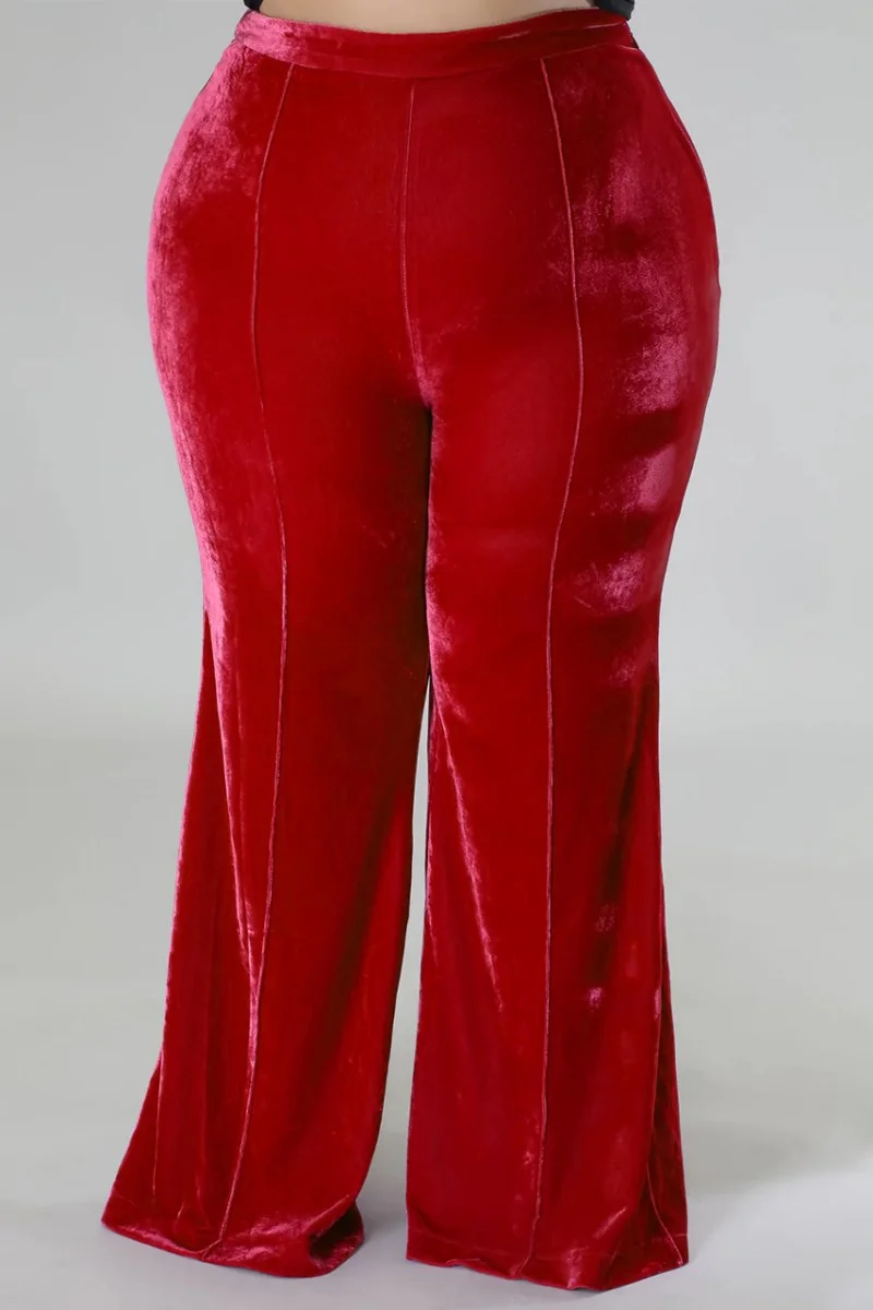 Red Casual Solid Patchwork Plus Size Trousers | EGEMISS