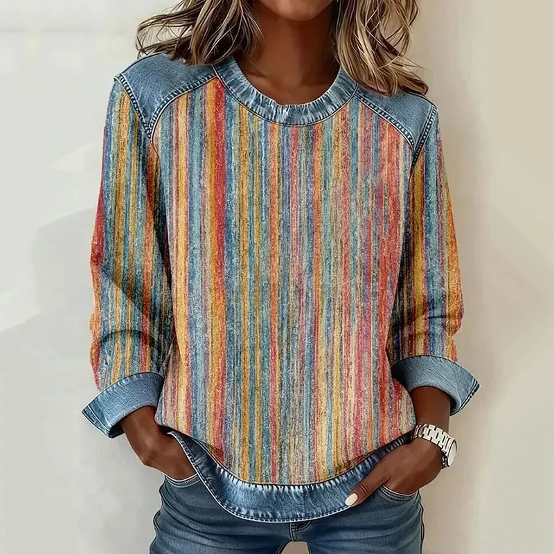  Women's Retro Abstract Striped Print Crew Neck Sweatshirt Westsshops