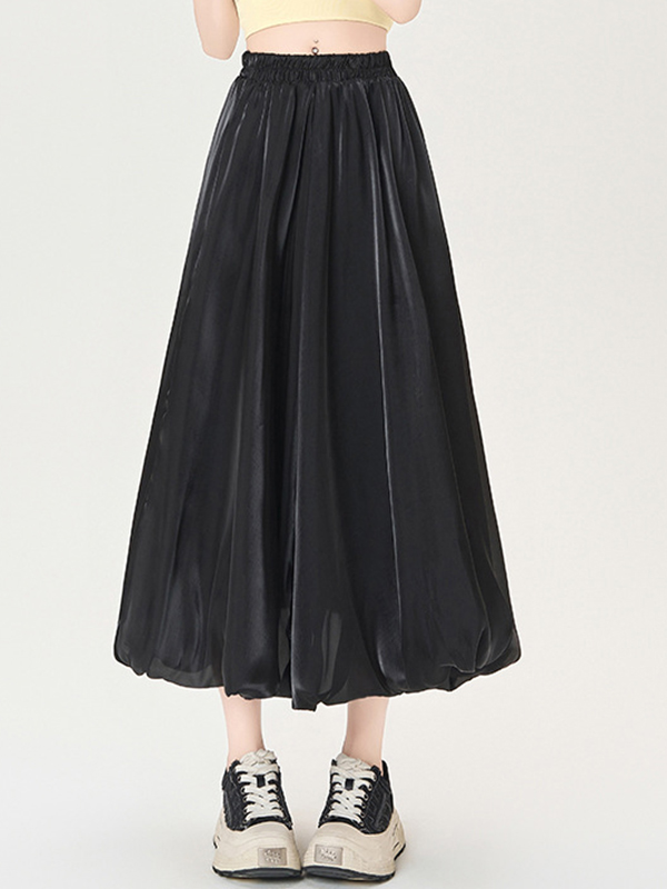 Full Flared Silhouette High Waist Solid Color Pleated Skirt