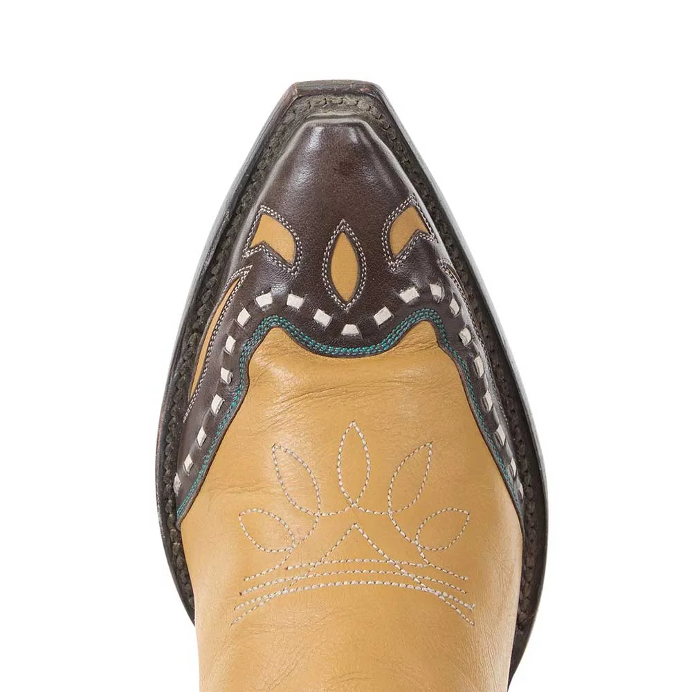 Tan Closed Snip Toe Embroidered Floral Inlay Pull On Western Boots