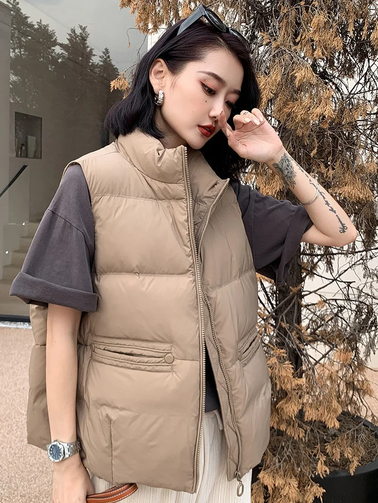 Toloer Standing Collar Down Vest Female Wear Light Warm Design Feeling Warm White Duck Down Vest Big Mouth Horse Clip Big Size Tide-Outfit Ideas