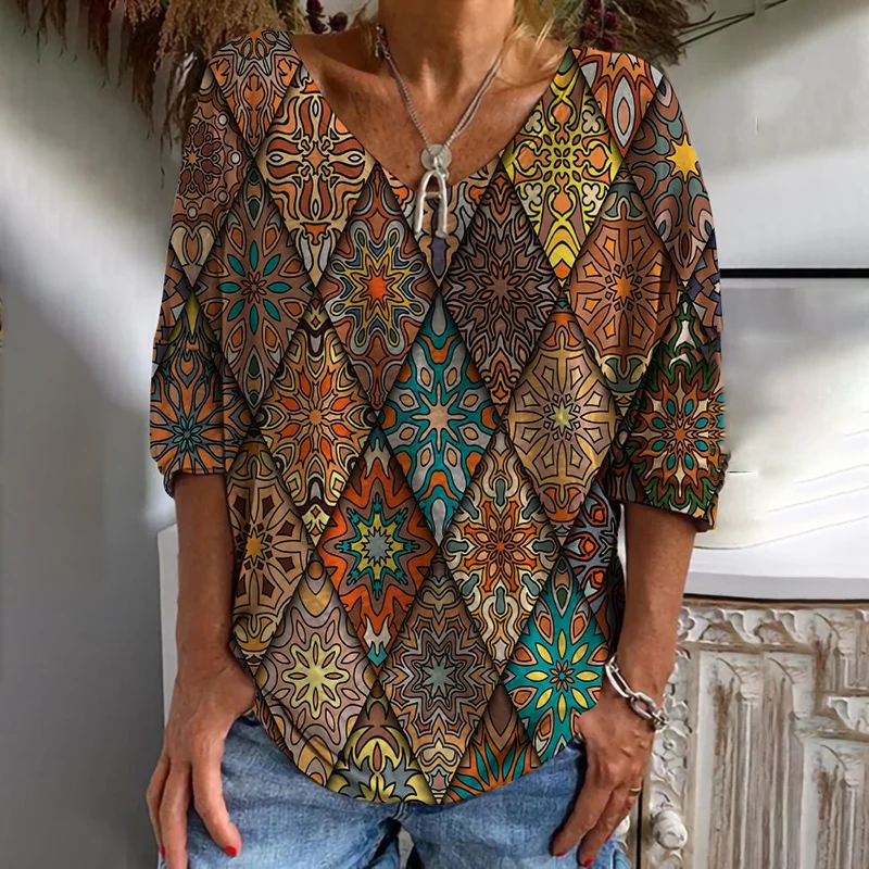 Vintage Geometric Print Long Sleeve T-Shirt