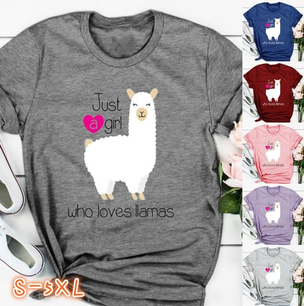 6 Colors Funny Cute Alpaca Llama Graphic T-Shirt Women Summer Fashion Juat A Girl Who Loves Lamas Letter Print Casual Short Sleeve Tops Cotton Loose Tee O-Neck Sweet Brief Blouse Plus Size S-5XL - Shop Trendy Women's Clothing | LoverChic