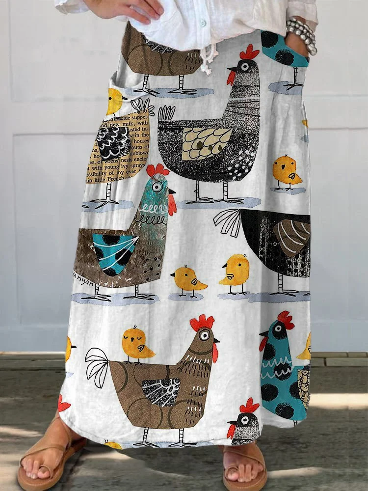 Cartoon Drawing Cute Chicken Printed Women's Casual Cotton And Linen