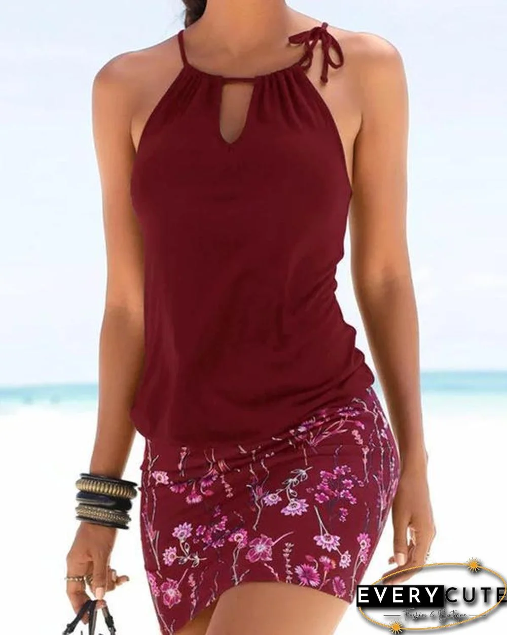 Keyhole Women Summer Dresses Bodycon Beach Floral-Print Dresses