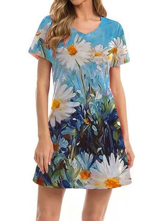 Women Half Sleeve V-neck Solid Color Dress