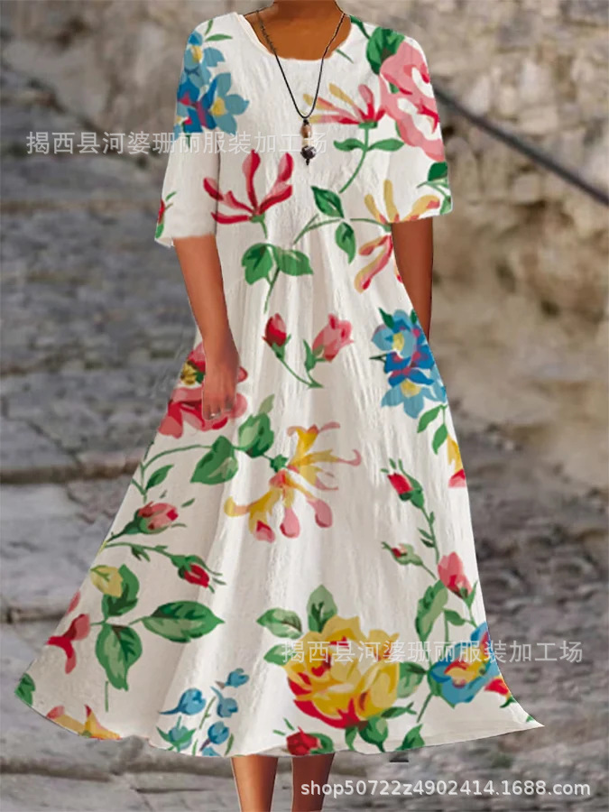 Mature Women Spring And Summer Print Loose Casual Dress