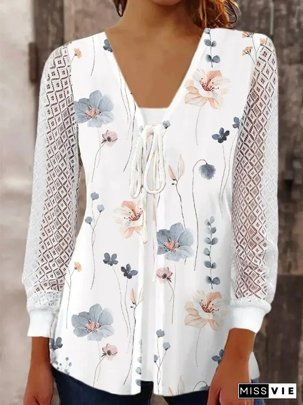 Women's Lace-up Hollow Floral Printed V-Neck Long Sleeve Coat