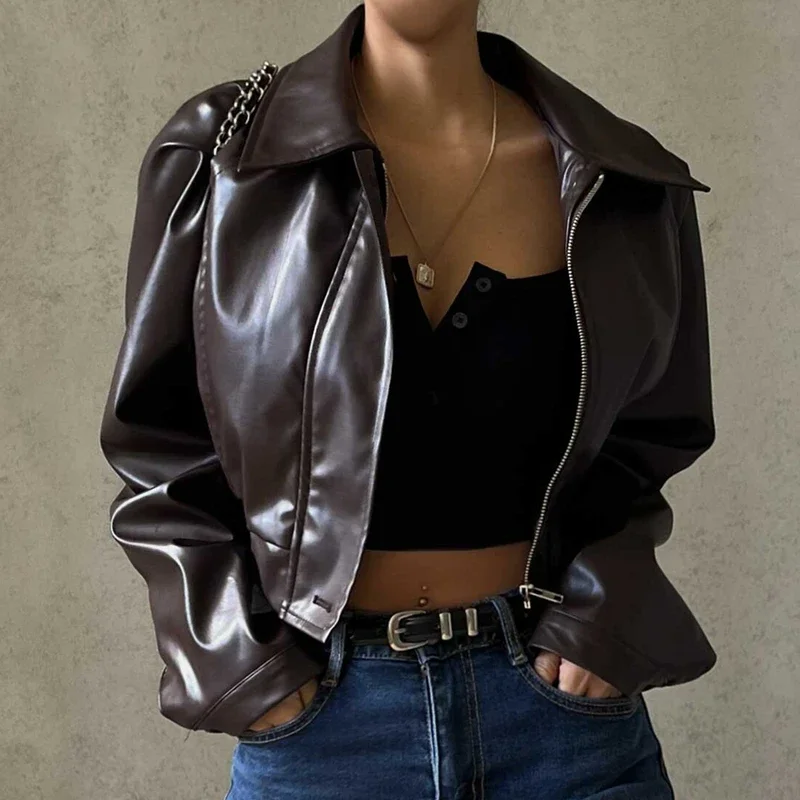 Huibahe Faux Leather Jacket Aesthetic Fashion Streetwear Turn-down Collar Coat Autumn Vintage Casual Simple Long Sleeve Coats