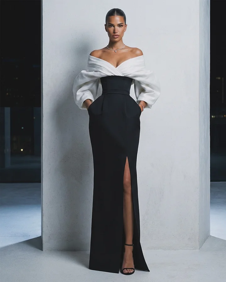 Deep V-Neck Off-The-Shoulder Strapless Long Sleeves Long Mermaid Prom Dress With Pleated And Split | YK1020 Wellcucu
