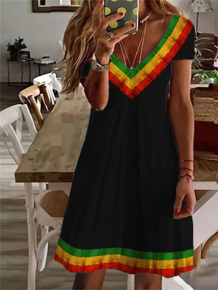 Black Pride Striped V Neck Pleated Midi Dress