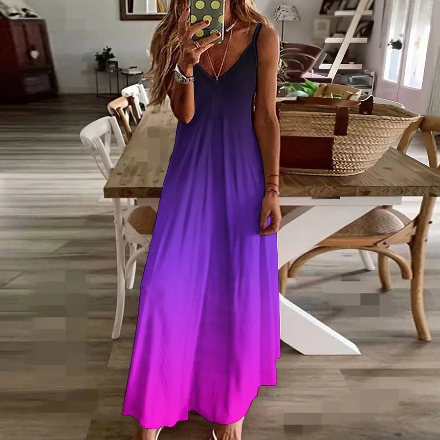 Black Violet and Pink Ombre Women's Casual Strappy V Neck Sleeveless Flowy Loose Long Maxi Beach Dress Sundress Black & Pink-4XL