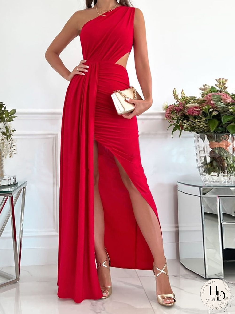 Elegant One Shoulder Dress Women Sexy High Slit Wedding Evening Party Dress Fashion Solid ClubWear Long Maxi Dress Vestidos