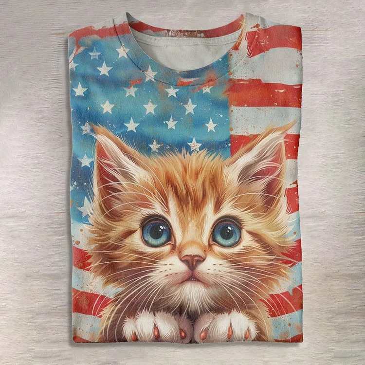 Women's Retro Cute Cat American Flag Print Casual Short Sleeve T-shirt