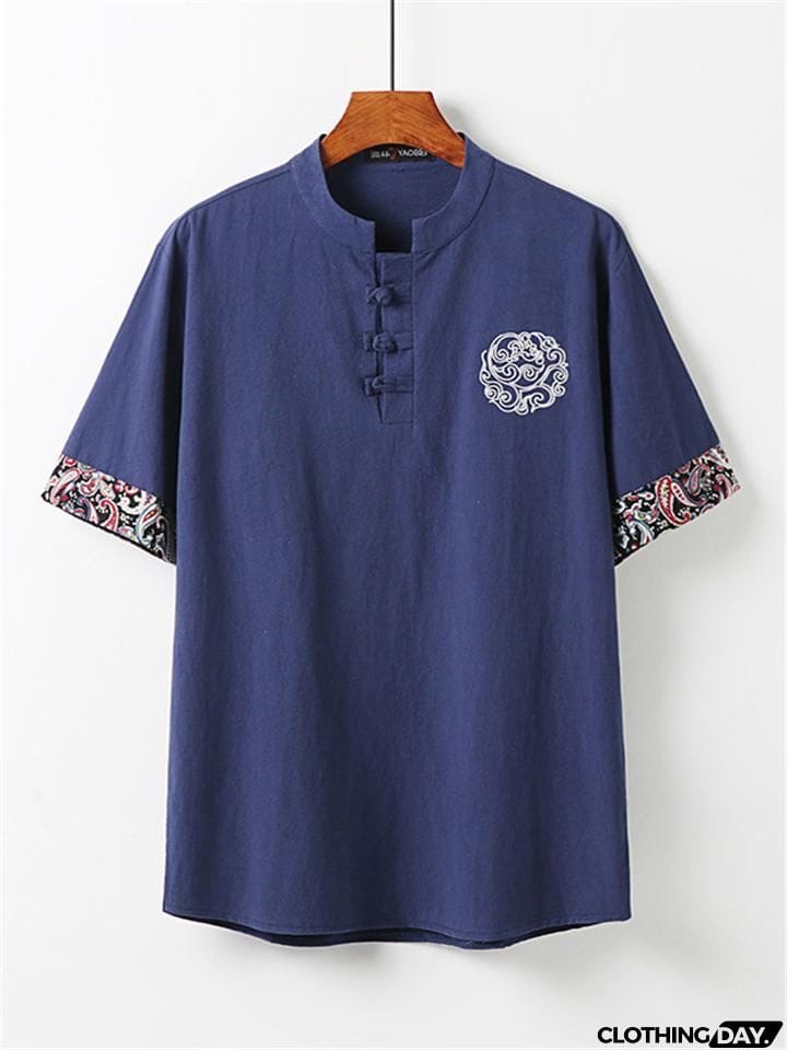 Mens Vintage Loose Linen Casual Short Sleeve T-Shirts+Shorts