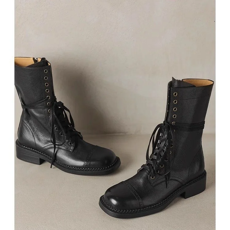 Tanguoant Tanguoant British Square Head Soft Leather Martens Women's Autumn 2024 New Ankle Boots Tie Belt Middle Tube Knight Western Cowboy Boots