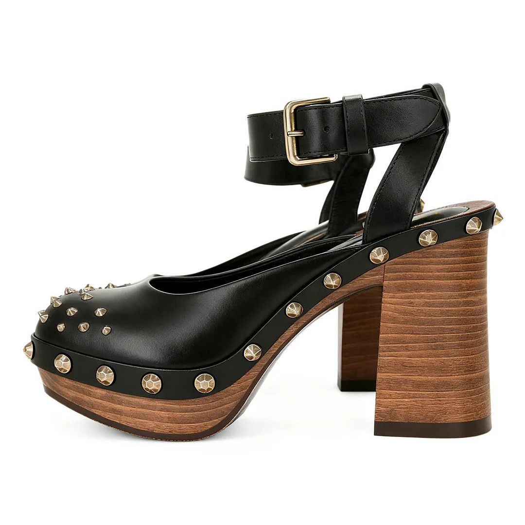 Faux Leather Chunky High Heel Studded Platform Black Pumps with Buckle