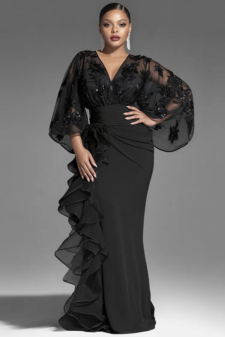 Xpluswear Design Plus Size Formal Black V Neck 3/4 Sleeve Ruffle Contrast Chiffon Maxi Dresses [Pre-Order] 2024 - Xpluswear