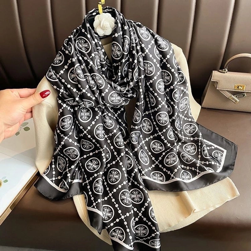 Women’s Fashion Letter Plaid Satin Printing Silk Scarves