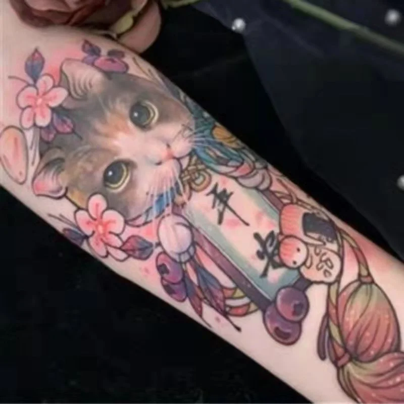 Tatoo Waterproof Cat Japanese Cute Pet Arm Semi Permanent Tattoo Cat Animal Funny Tattoo Sticker Temporary Tattoos for Men Women