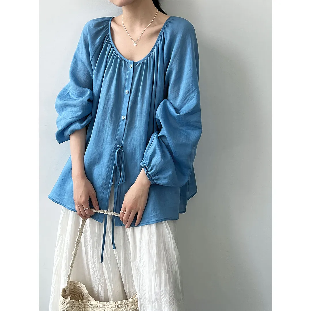 Women's Linen Gathered U Neck Bubble Sleeve Drawstring Loose Blouse
