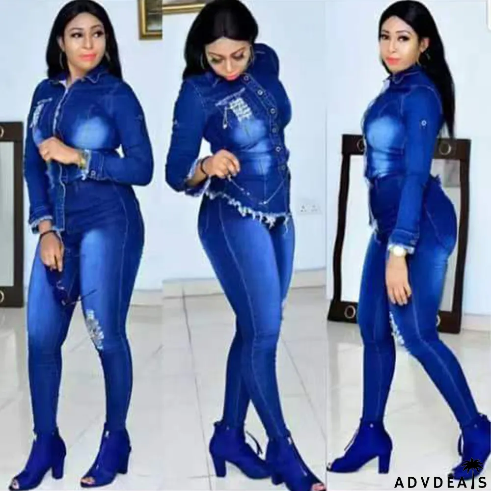 African Women Fashion Denim Long Sleeve Top and Pant Washed White Ripped Two Piece