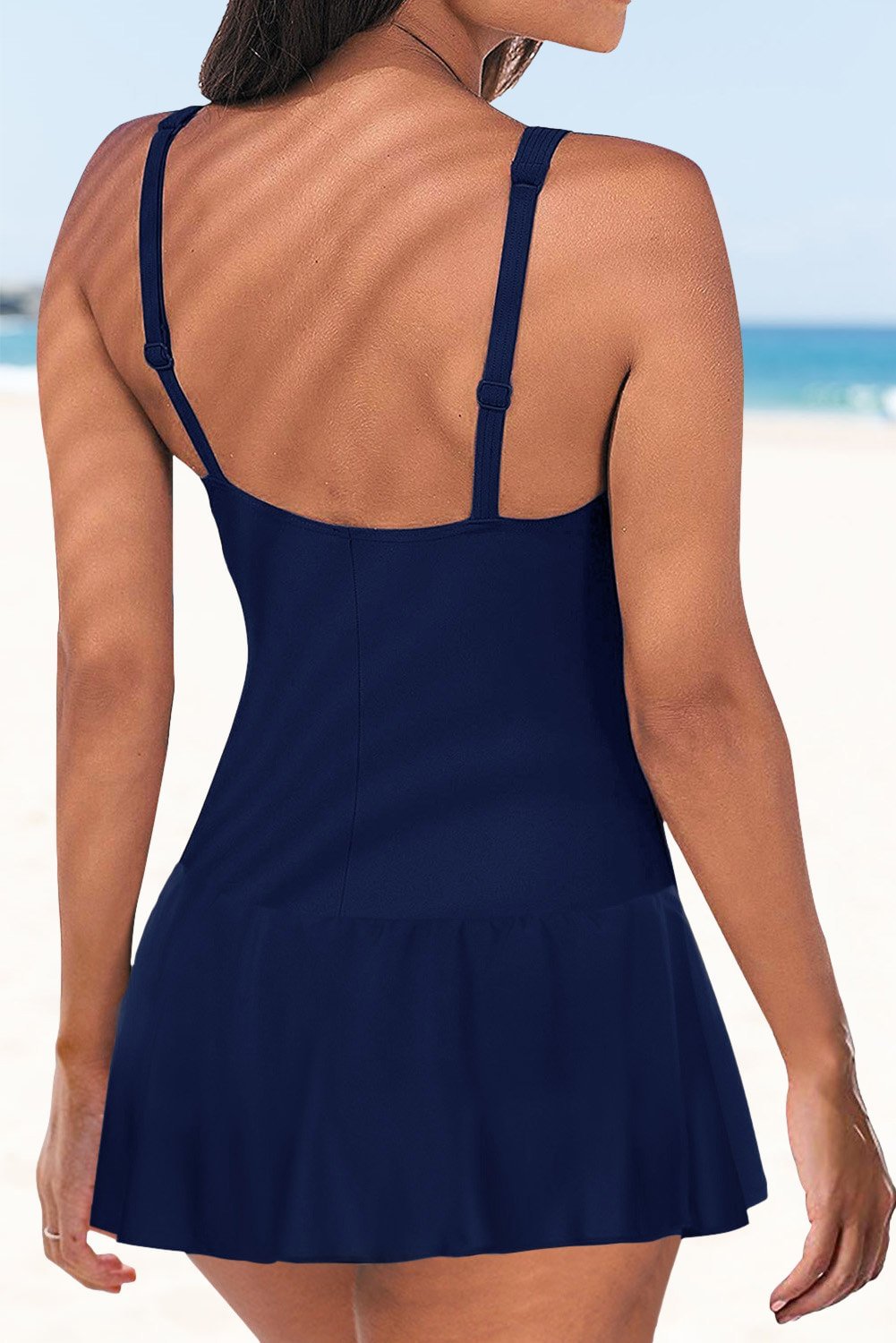 Womens Solid Ruched Swimdress Push Up Padded Lace Up One Piece