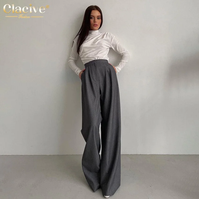 Clacive Elegant Gray Office Women Pants 2022 Fashion Full Length Wide Trousers Ladies Casual Loose Pleated Female Pants