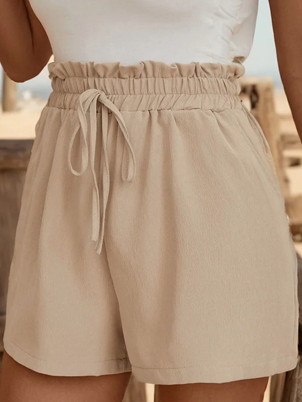 Drawstring Elasticity Pleated Pockets Ruffle Trim Solid Color Loose Shorts Bottoms