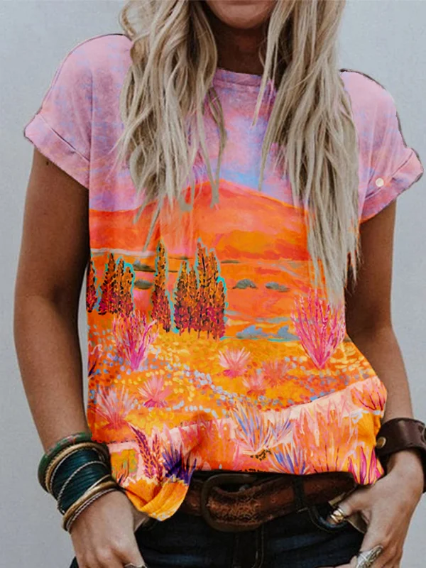 Western Desert Art Pattern Crew Neck Comfy T Shirt