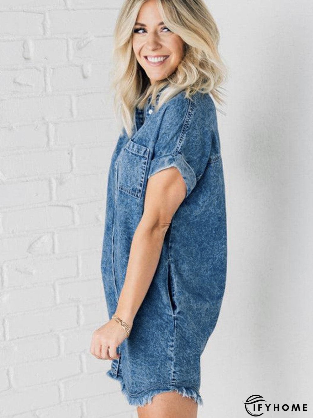 Blue Mineral Wash Denim Shirt Dress with Cuffed Sleeves | IFYHOME