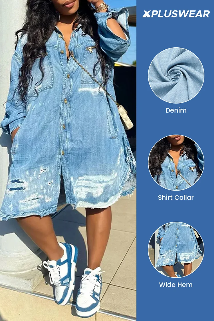 Plus Size Daily Blue Shirt Collar Long Sleeve Pocket Casual Ripped Denim Shirt Dresses [Pre-Order]