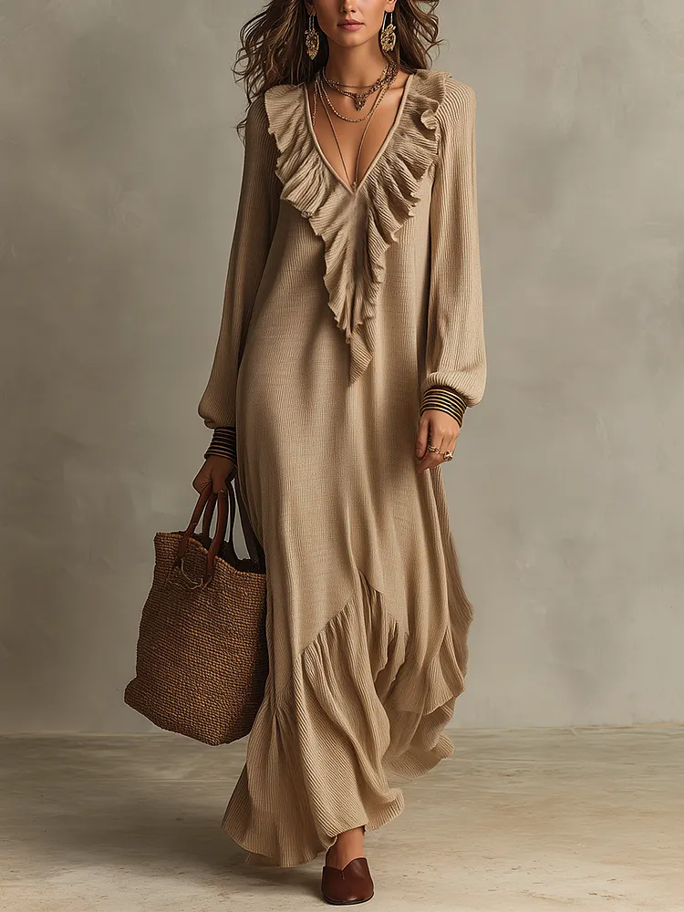 Graceful Beige Cascading Ruffle Maxi Dress