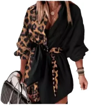 Wongn Wongn Women's Wear Commuter Print Color Stitching Leopard Print Lace Middle Sleeve Shirt Skirt