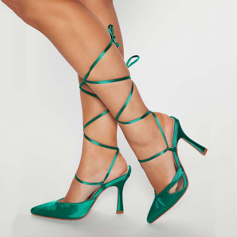 Green Satin Pointed Toe Pumps Slingback Lace Up Strappy Stiletto Heel Pumps Nicepairs