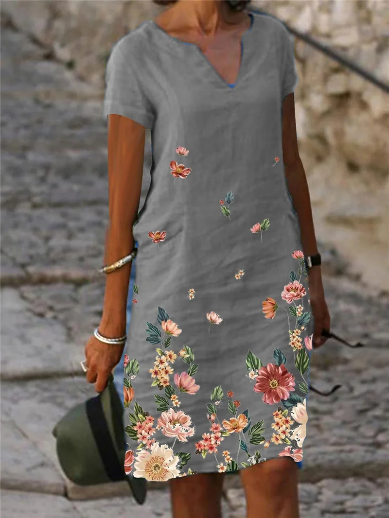 Floral Print Cotton Linen Short Sleeve Mid-Length V-Neck Dress