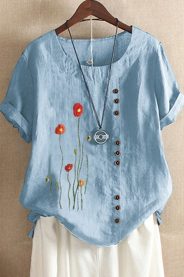 Flycurvy Plus Size Casual Light Blue Linen Flower Embroidery Decorative Button Short Sleeve Blouse  Flycurvy [product_label]