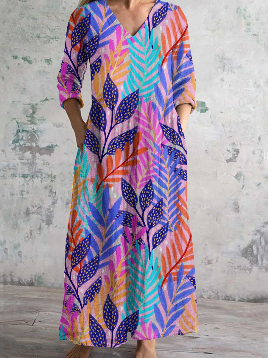 Women's V-Neck Pastoral Leaf Art Print Cotton and Linen Pocket Dress