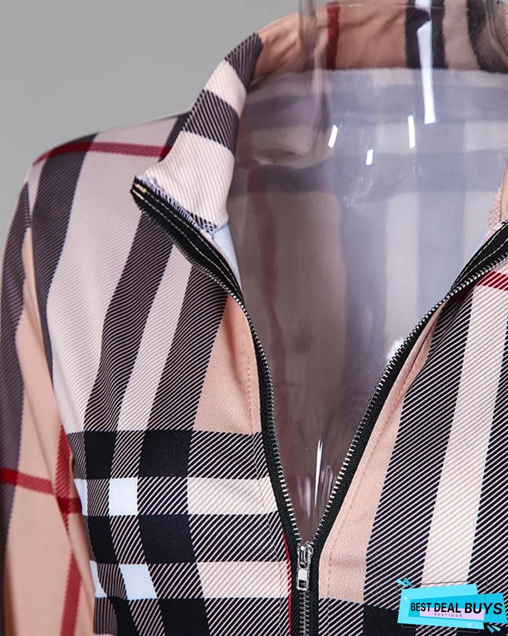 Grid Long Sleeve Zipper Front Bodycon Dress