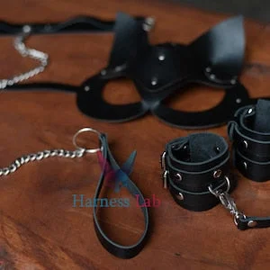 pornhint Pornhint Leather Cat mask, Bdsm mask, Leather Handcuffs, bdsm slave collar, Neck restraints, theatrical mask,ballroom mask, gift mask,  sex toys,