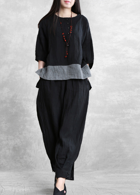 VCSHOES Loose Black O-Neck Side Open Linen Top And Wide Leg Pants Two Pieces Set Long Sleeve