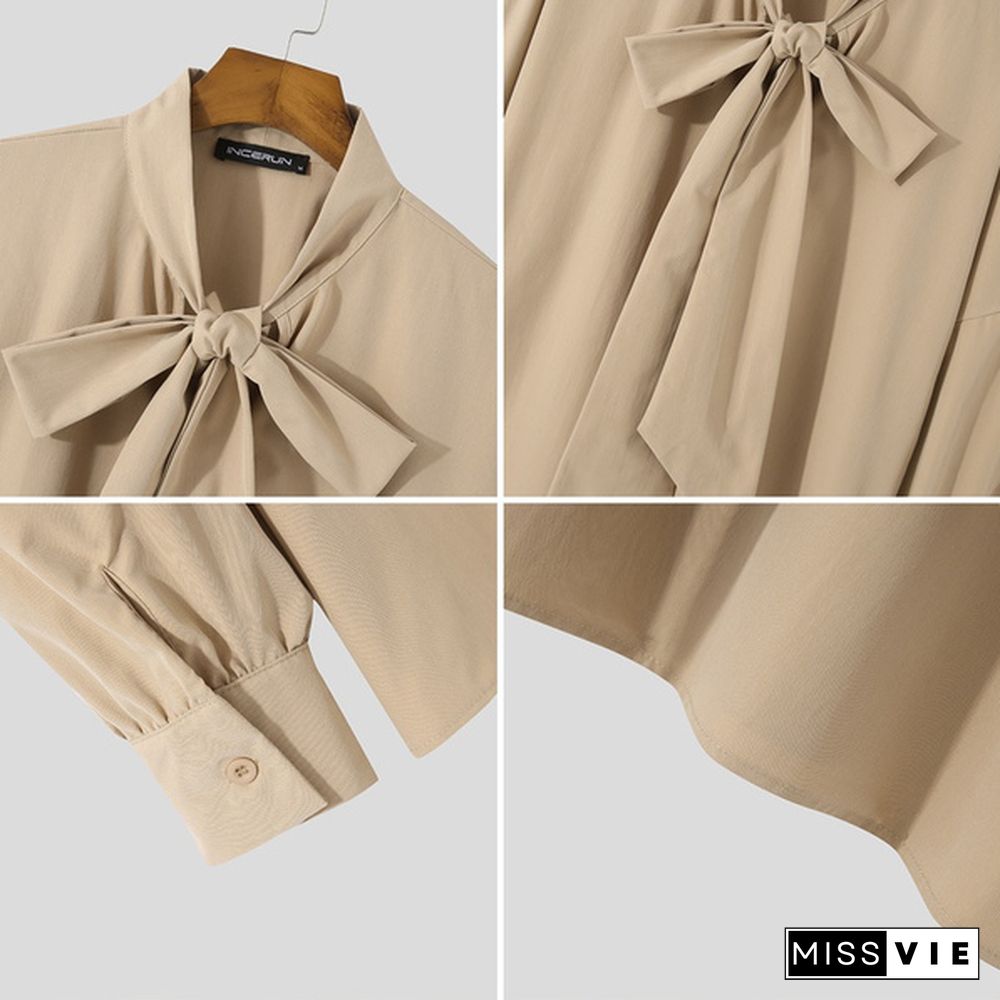 New Men Loose Long Sleeve Tie Blouse Dress Solid Color Clubwear Retro Shirts Tops