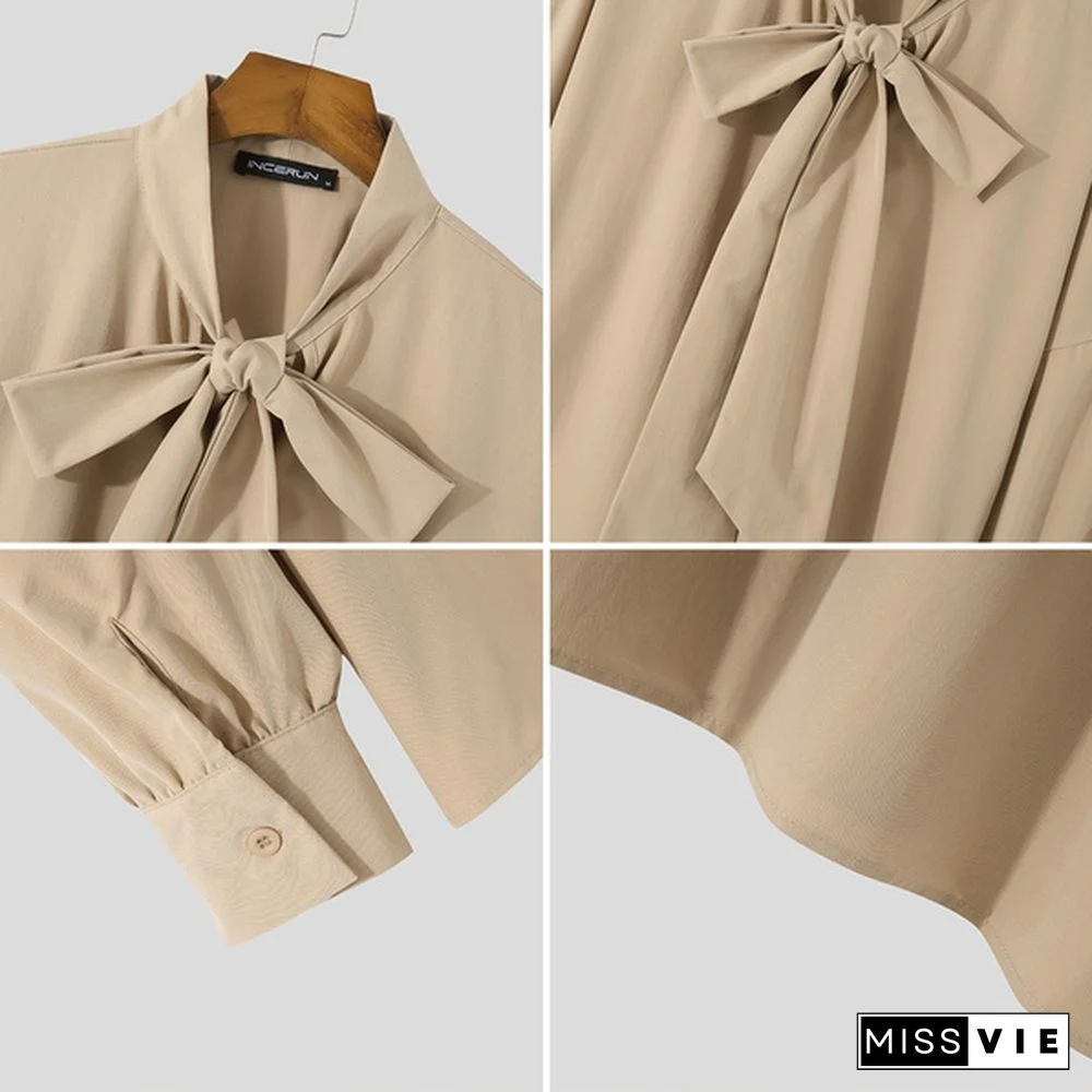 New Men Loose Long Sleeve Tie Blouse Dress Solid Color Clubwear Retro Shirts Tops