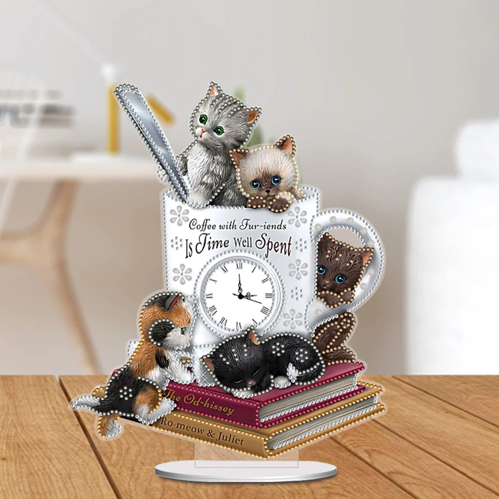 DIY Cat Teacup Acrylic Special Shaped 5D Diamond Painting Clock Art Craft