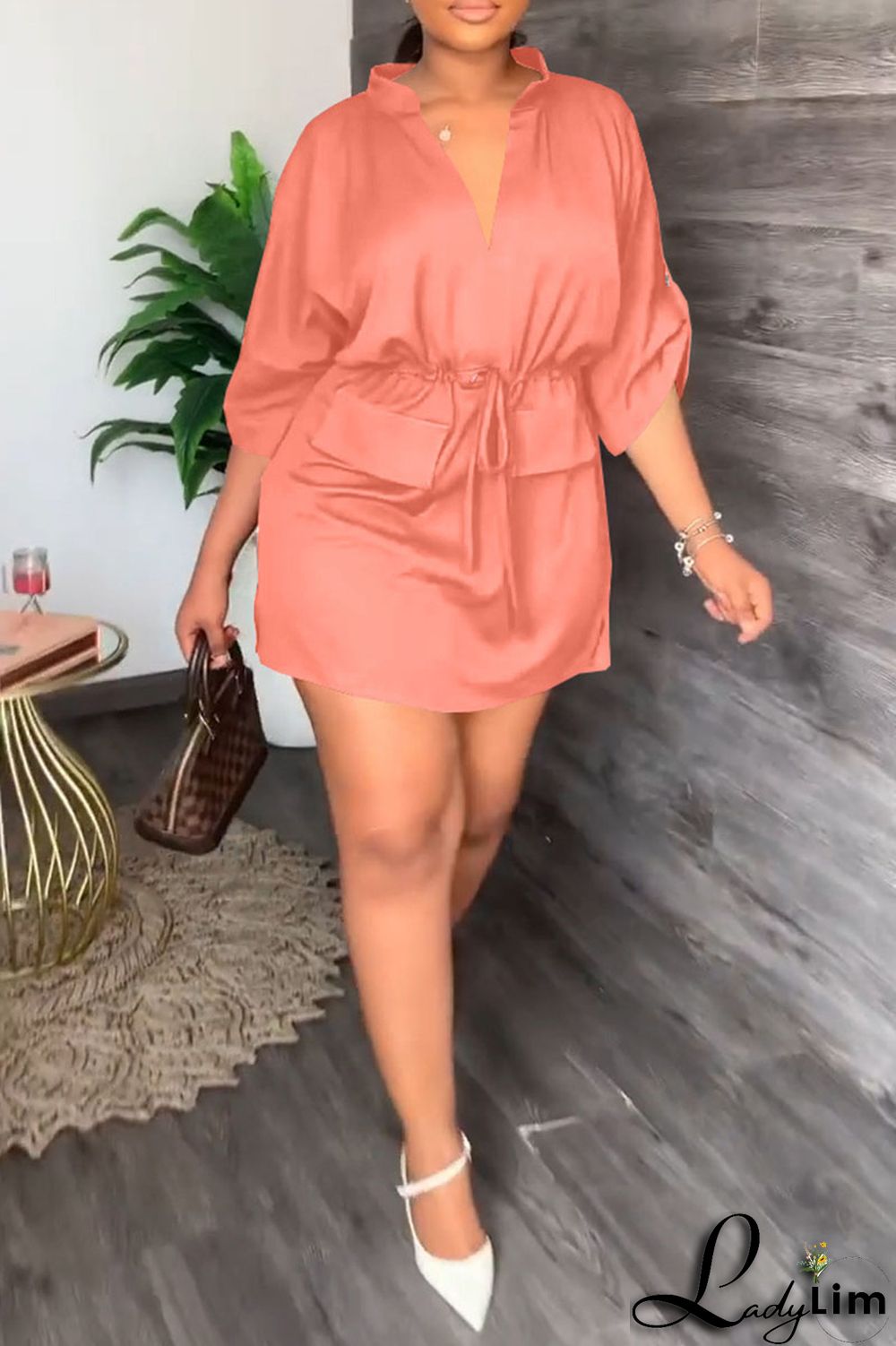 Tangerine Casual Solid Patchwork Draw String V Neck Straight Dresses